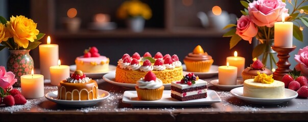 Fancy dessert table with colorful sweets and treats, surrounded by candles and flowers , fancy, sweets, candies