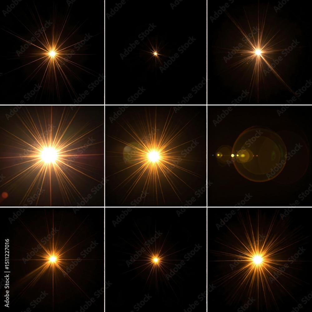 Poster a captivating collection of digitally enhanced sun flares, showcasing vibrant colors and dynamic lig