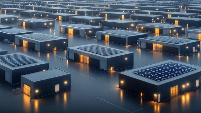Futuristic Solar-Powered Industrial Park at Night