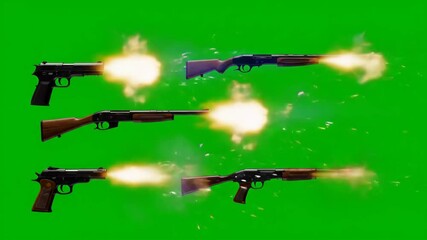 Silhouettes of firearms on green chromakey background with smoke effects. Gun safety awareness video for Veterans Day or military memorial events