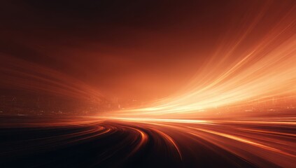 Abstract motion blur depicting a highway curving towards a distant, dimly lit cityscape at night, illuminated by warm, orange light streaks suggesting high speed