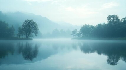 Tranquil waterscape featuring a serene lake reflecting trees shrouded in mist and distant mountains under a pale sky. The calm atmosphere is emphasized by soft colors. - Powered by Adobe