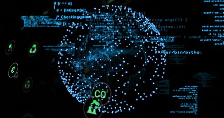 Streaming code driving rotating 3D globe pulsing factory turbine power icons showing data flow - Powered by Adobe