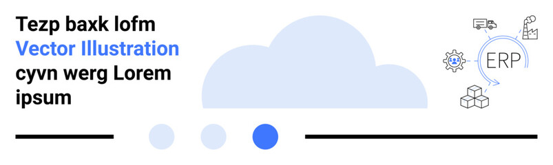 Cloud graphic with icons representing ERP, logistics, settings, cubes for storage, and data points. Ideal for technology, business, logistics, ERP cloud computing data storage simple landing page