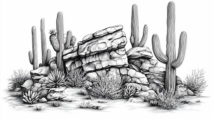 Desert landscape sketch with rocks and cacti