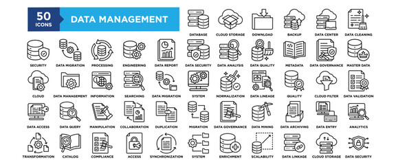 50 Data Management icon set. Containing design technology, data, business, digital, information, management	