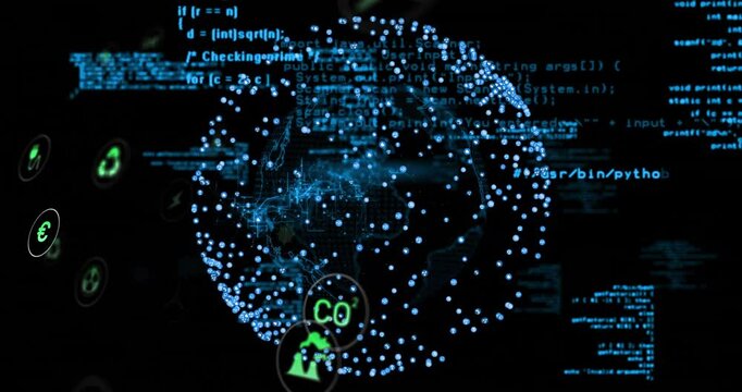 Streaming code driving rotating 3D globe pulsing factory turbine power icons showing data flow