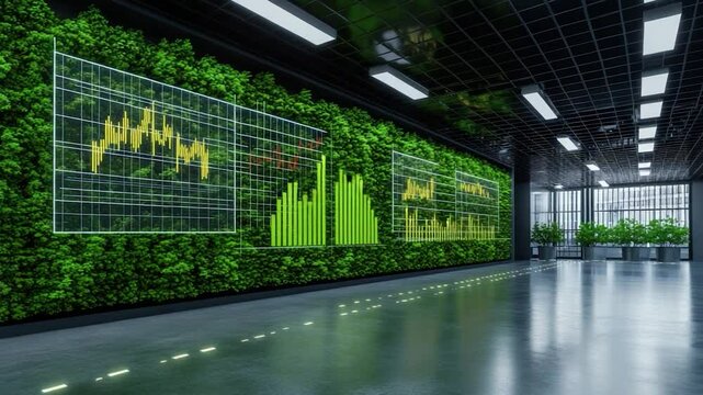 Modern Office with Green Wall and Financial Data Displays