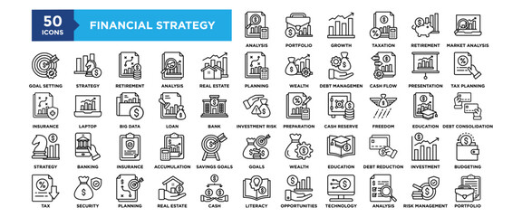 50 Financial Strategy icon set. Containing design strategy, financial, investment, analysis, business, finance	