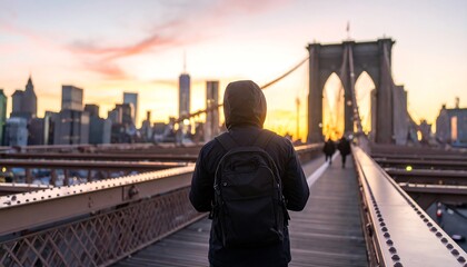 A hooded figure with backpack gazes towards the cityscape and golden sunrise on a steel bridge.