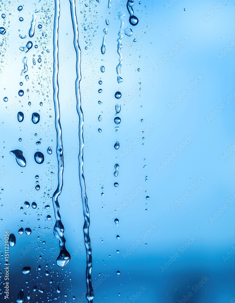 Poster close-up of glistening water drops on a windowpane, creating a beautiful pattern as they cascade dow