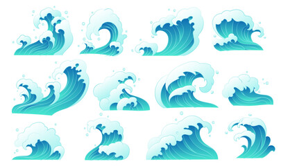 A collection of elements of ocean waves and splashes