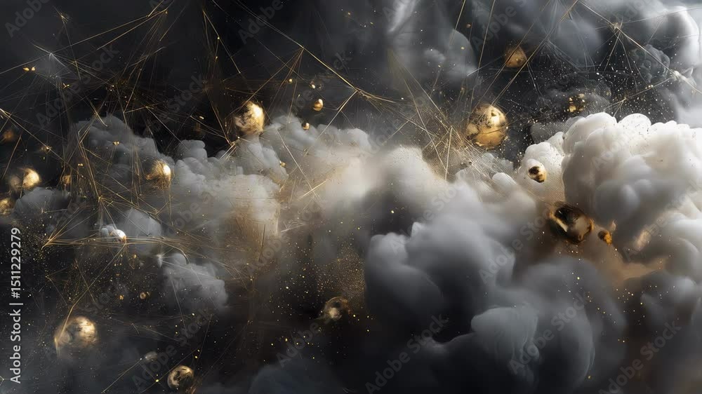 Poster metallic spheres and dust clouds intertwine, creating a mesmerizing interplay of gold and gray again