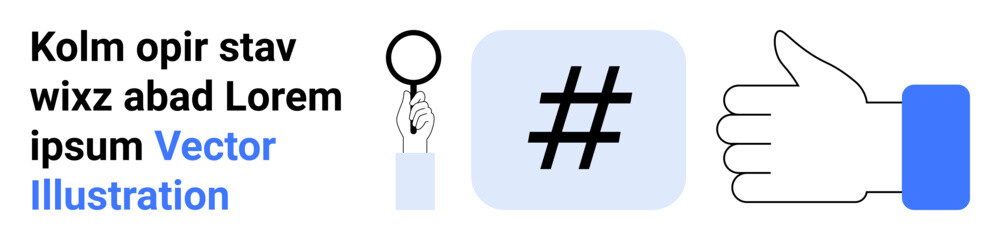 Fototapeta premium Magnifying glass analyzing, metadata tag in soft blue, and thumbs-up symbol. Ideal for social media, communication, analysis, branding, marketing, search and a simple landing page