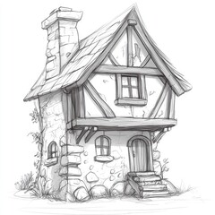 Detailed sketch of a quaint, stone cottage.