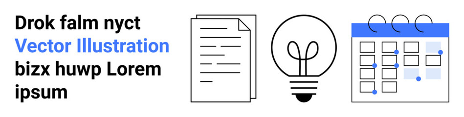 Document symbolizing knowledge, light bulb for creativity, and calendar for organization. Ideal for business, innovation, scheduling, education, planning, productivity simple landing page