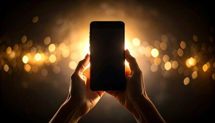 Silhouette of hands holding and using a smartphone in vertical position amidst bokeh lights.
