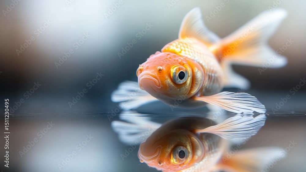 Poster close-up shot of an orange and white fish with reflective water surface in front of blurred backgrou