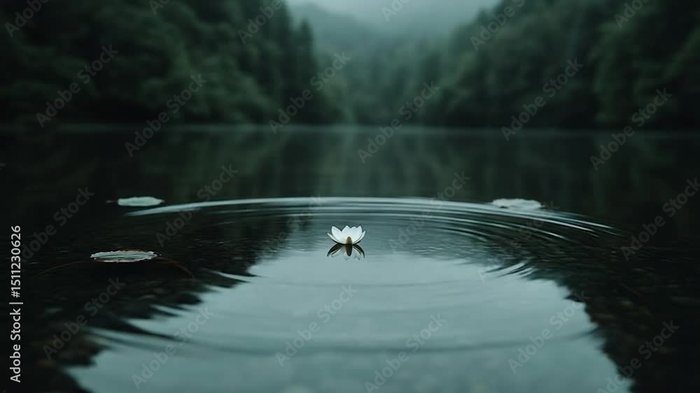 Poster tranquil lake scene with a white water lily at the center creating concentric ripples forest backgro