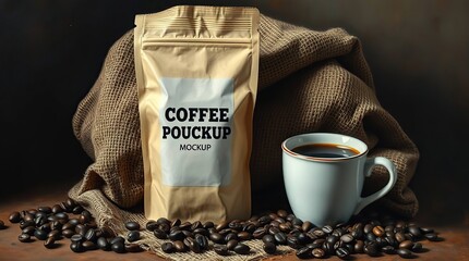 Coffee pouch mockup with a cup of coffee and coffee beans on a rustic surface