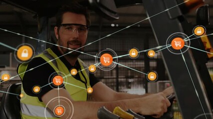 Operator adjusting controls and activating network of cart and lock icons in warehouse operations - Powered by Adobe