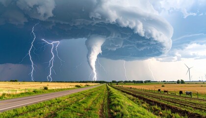 Powerful Tornado and Lightning Storm Over Rural Landscape