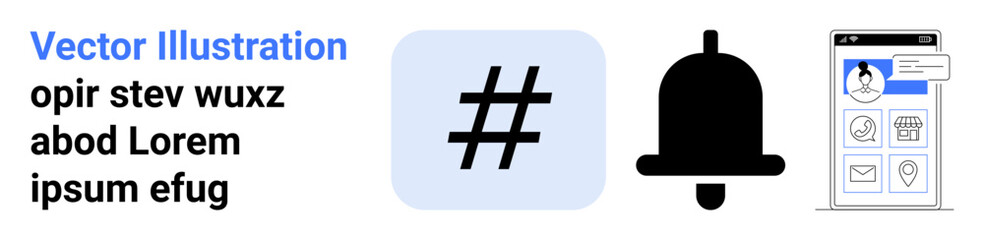 metadata tag icon, notification bell, and mobile app profile design with navigation screen. Ideal for social media, alerts, networking, profiles, communication, UI design simple landing page