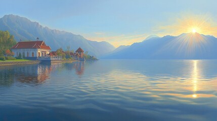 Serene sunrise over a tranquil lake with serene buildings.
