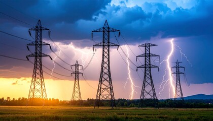 Powerful Lightning Strikes During Sunset Near High-Voltage Power Lines