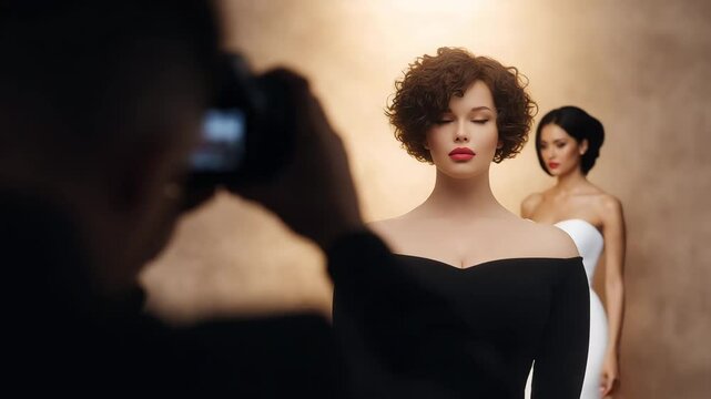 Capturing the Muse: Behind the scenes, a skilled photographer directs and captures the elegance of two models in a professional studio setting.