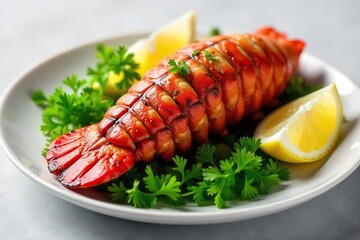 A succulent lobster tail, perfectly grilled, rests on a bed of fresh parsley, alongside lemon wedges and drawn butter Ready to be enjoyed as a luxurious meal , sea, autumn lobster