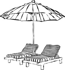 Ilustración vectorial de dos tumbonas con sombrilla. Garabato de sillas de playa. Dibujo a mano de vacaciones en verano. 