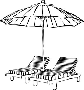 Ilustraci&oacute;n vectorial de dos tumbonas con sombrilla. Garabato de sillas de playa. Dibujo a mano de vacaciones en verano. 