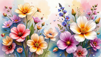 Obraz premium Vibrant spring flowers bloom in colorful arrangement, showcasing variety of petals and hues. scene is filled with joy and beauty, capturing essence of nature renewal