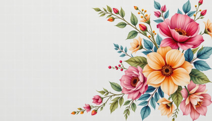 Obraz premium Elegant watercolor floral arrangement featuring vibrant pink, orange, and yellow flowers with lush green leaves, creating cheerful and inviting atmosphere