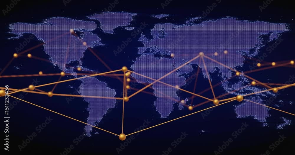 Poster initial signal starting network nodes expanding and linking over dotted map showing world data flow
