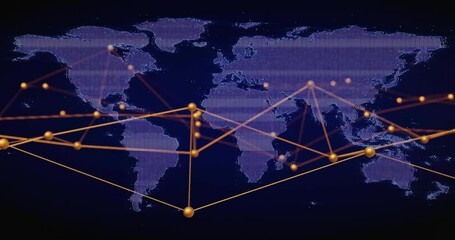 Initial signal starting network nodes expanding and linking over dotted map showing world data flow - Powered by Adobe