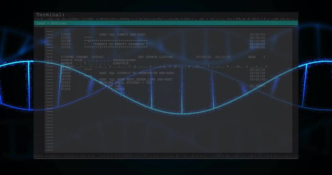 Fading in terminal window displaying COBOL SQL code scrolling and illustrating data processing flow