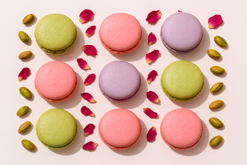 Obraz premium Colorful Vegan Macarons Flat Lay – Pistachio, Rose, Lavender Pastels