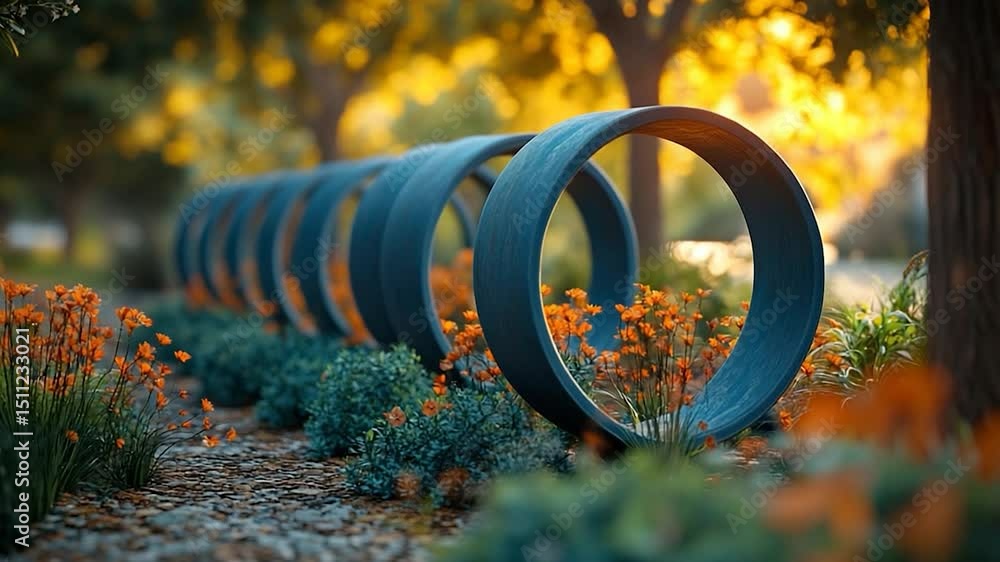 Poster a row of circular blue structures with orange flowers in a blurred garden setting under natural ligh