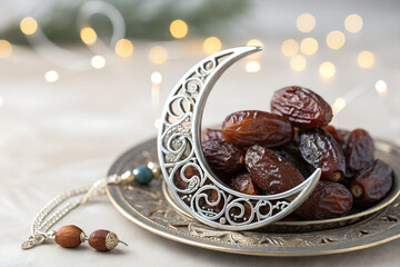 Ornate Crescent Moon with Dates on Elegant Plate – Ramadan Celebration Still Life

