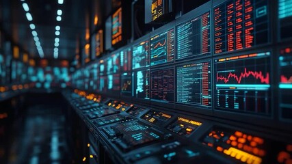 A futuristic control room featuring numerous screens displaying data visualizations and code. Dark blue and orange lighting create a high-tech atmosphere. Focus on data and technology. - Powered by Adobe