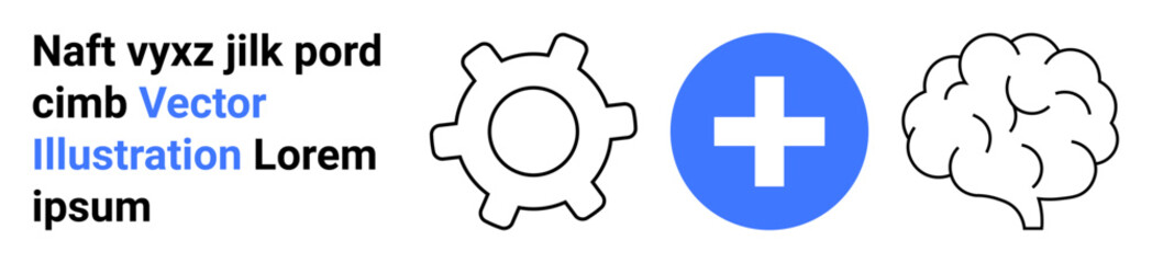 Gear, blue cross, and brain outline convey concepts of technology, healthcare, and thinking. Ideal for healthcare, innovation, technology, creativity education wellness simple landing page