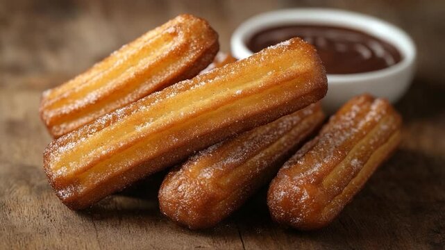 Delicious golden fried churros dusted with sugar arranged on wooden table with small bowl of chocolate dip in the background