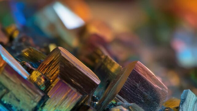 Vibrant yttrium orthovanadate crystals refracting light, generating kaleidoscopic color spectrum with iridescent metallic shimmer against luminous background
