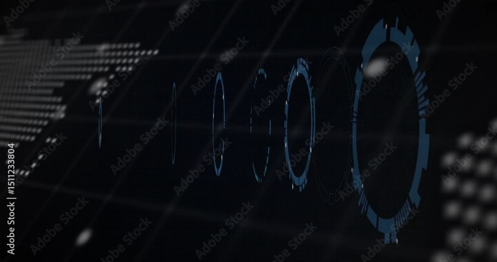 Poster translucent blue hud graphic pulsing and rotating spawning rings merging and visualizing data flow