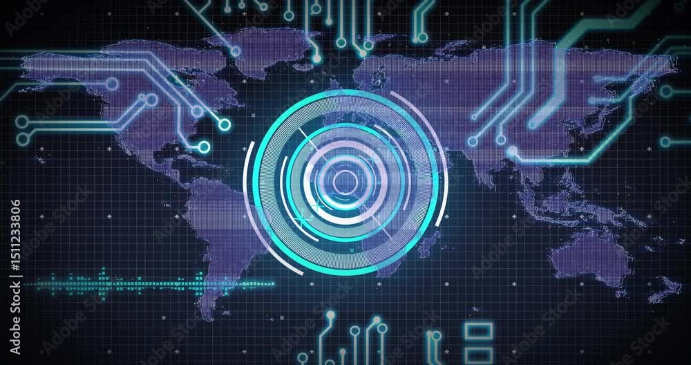 Poster on opening ring interface animating traces and pulsing rings with waveform, appearing code snippets