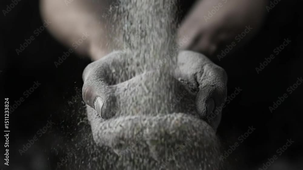 Poster close up of hands cupping grey substance as it pours from above against a dark background capturing 
