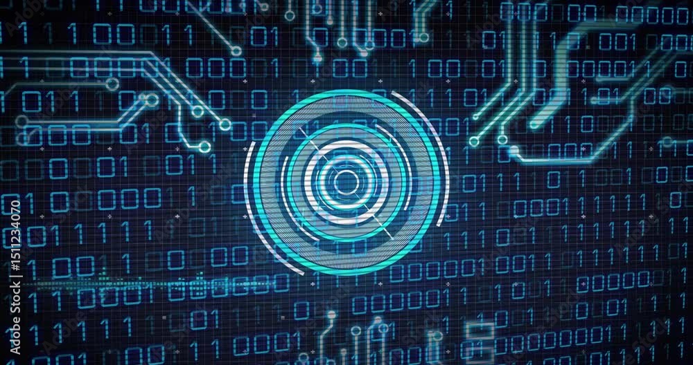 Poster Flickering binary digits initiating central UI, traces extending, rings pulsing showing processing