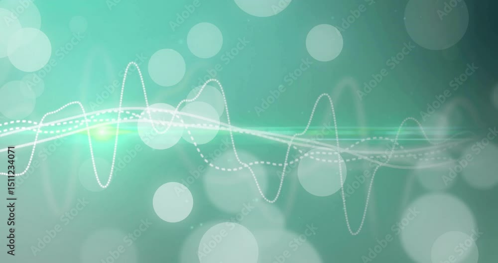 Aufkleber opening with teal gradient bokeh, three waveforms undulating, green flare pulsing, drifting right